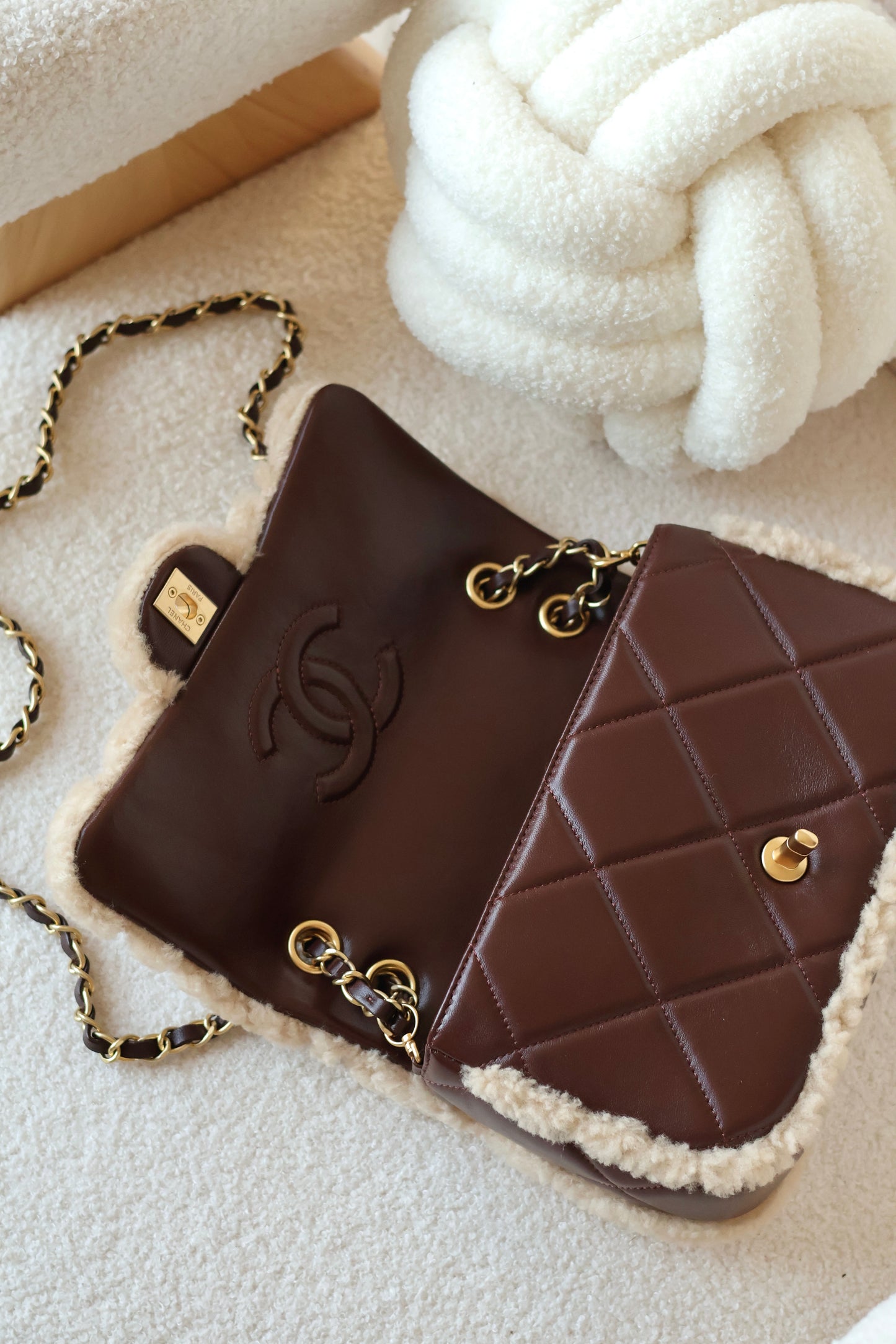 Mini Shearling Flap Bag Brown