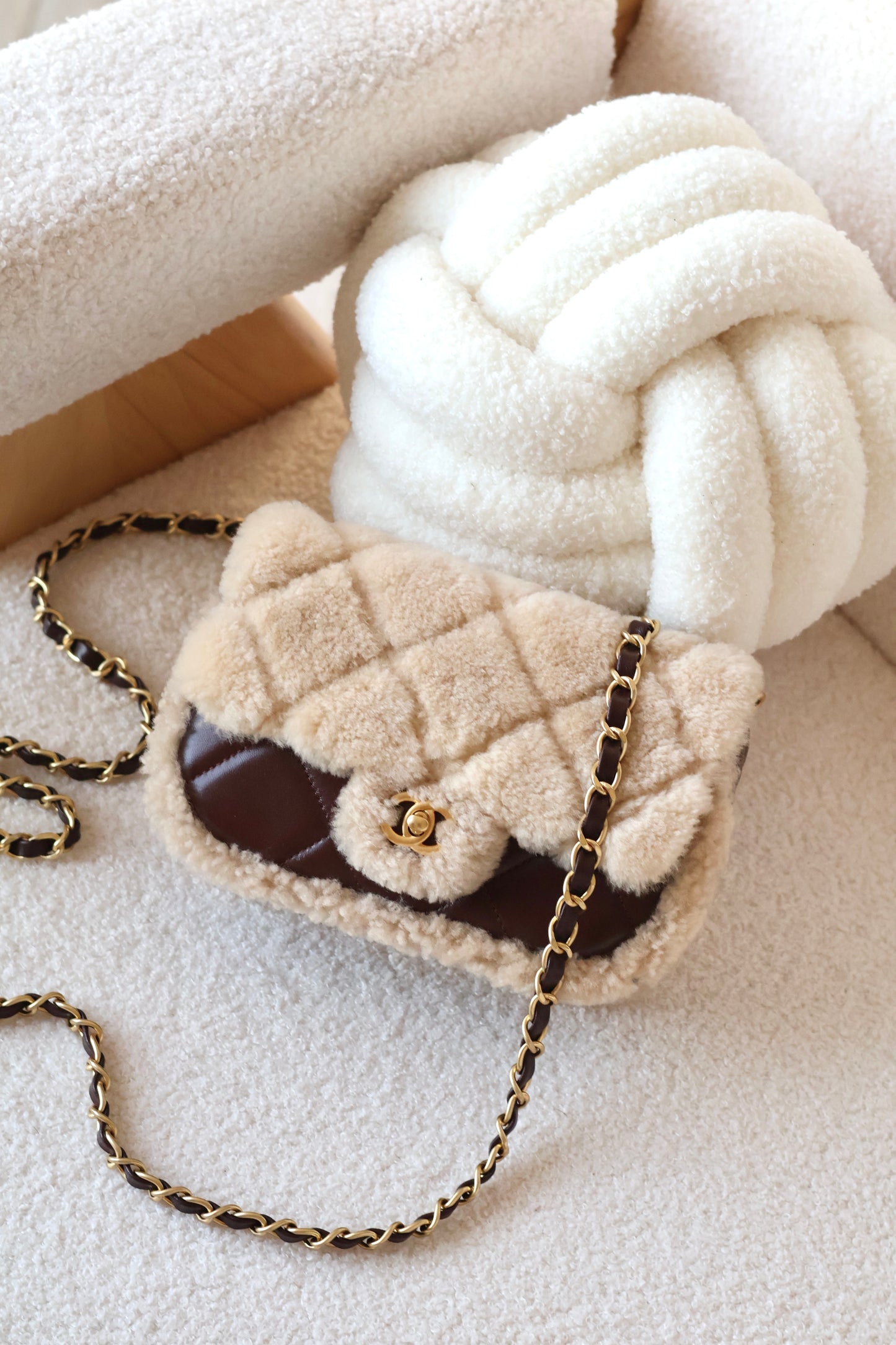 Mini Shearling Flap Bag Brown