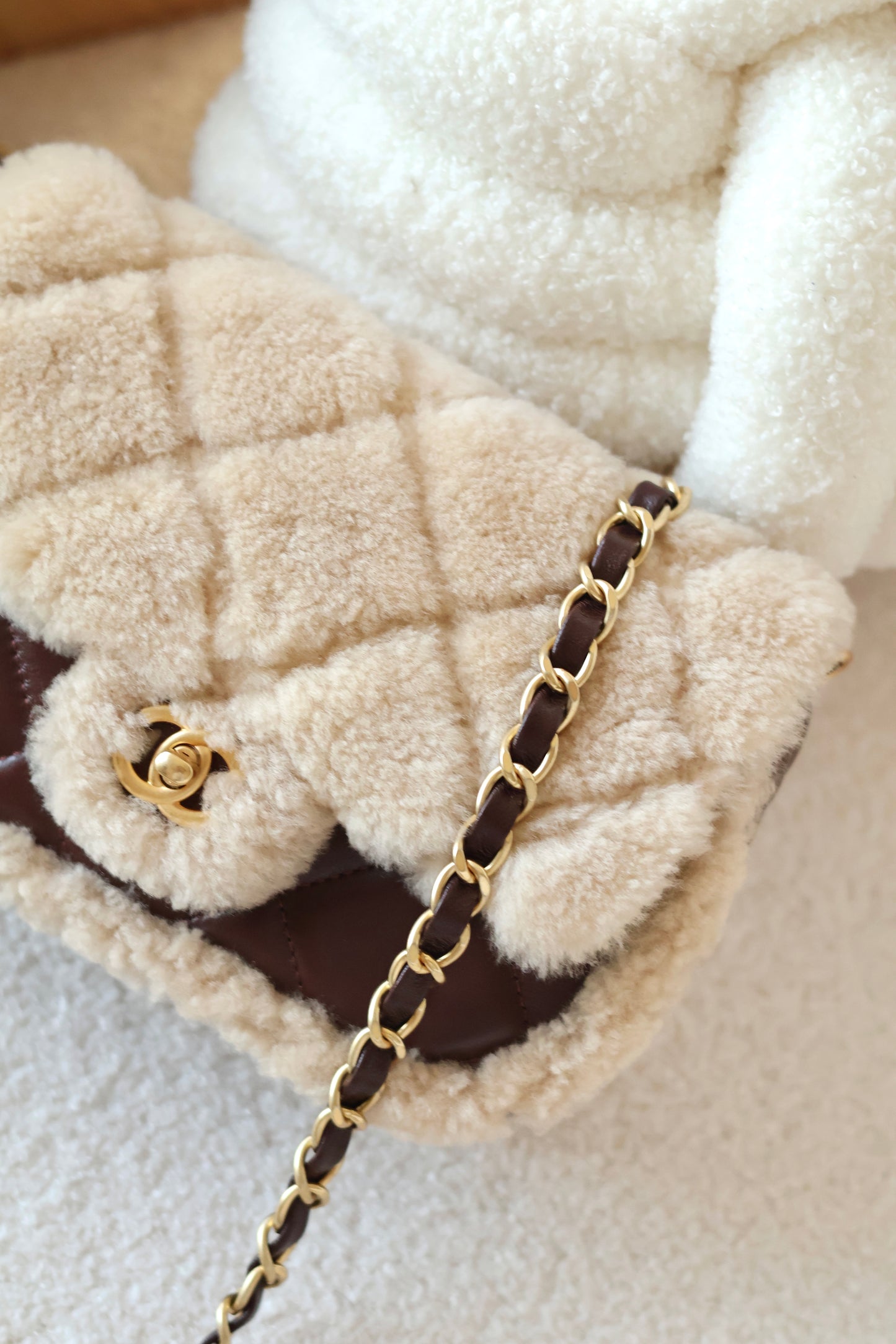 Mini Shearling Flap Bag Brown