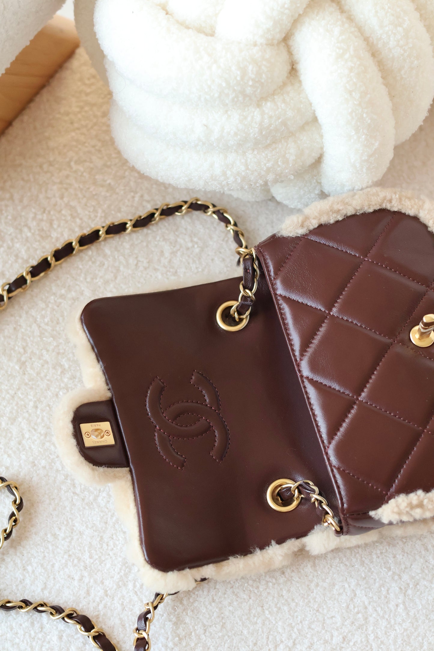Mini Shearling Flap Bag Brown