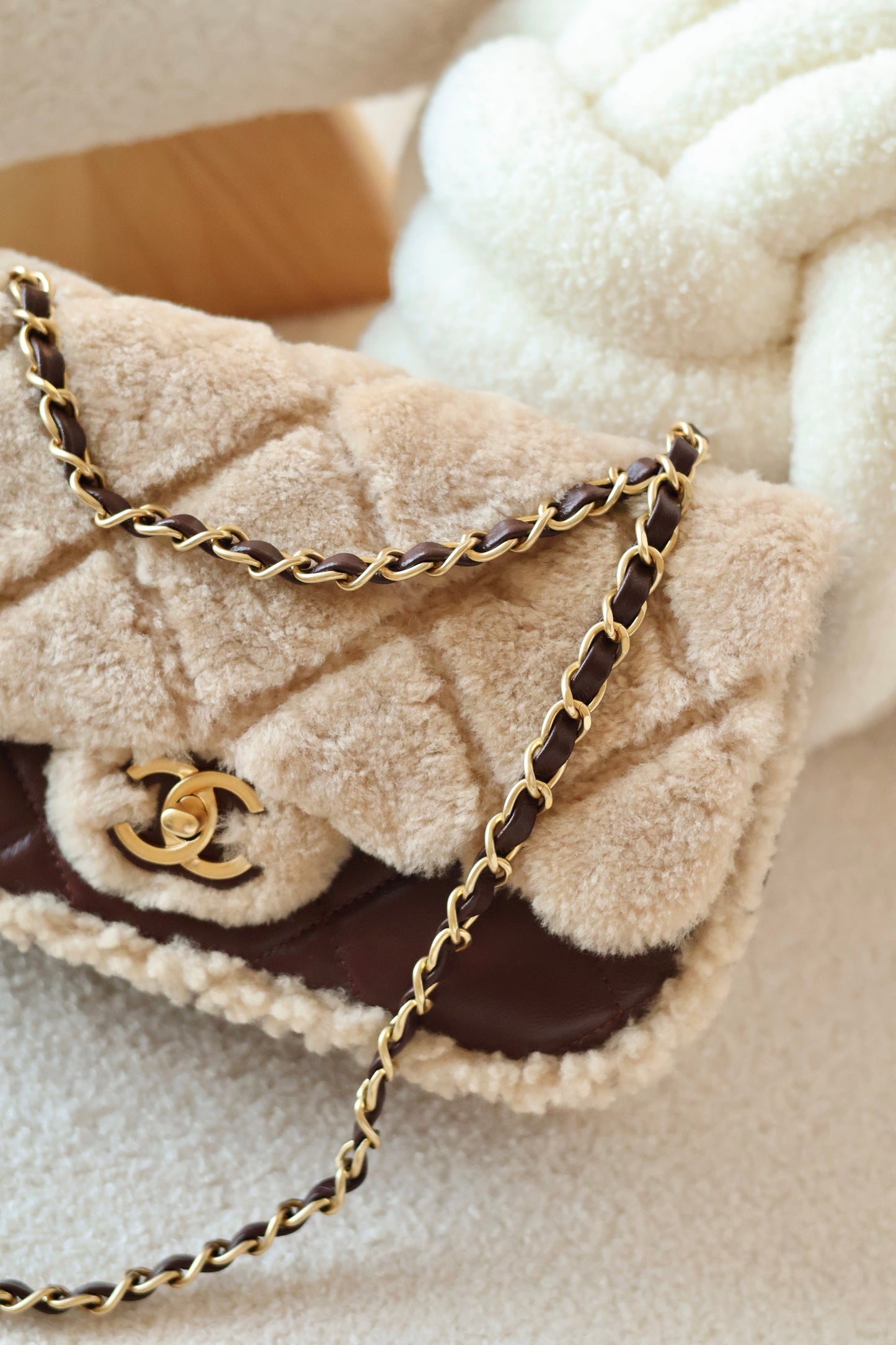 Mini Shearling Flap Bag Brown