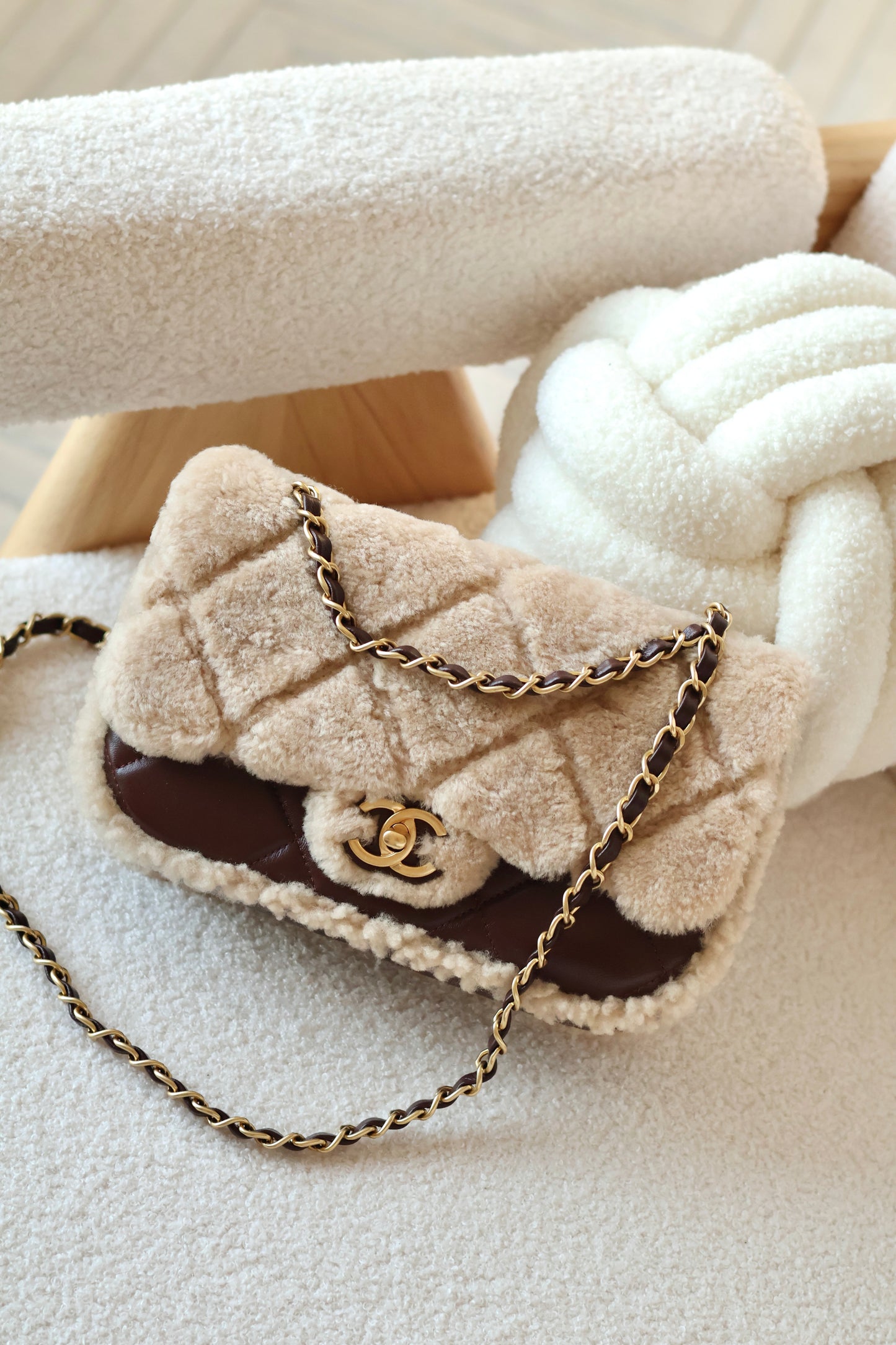 Mini Shearling Flap Bag Brown