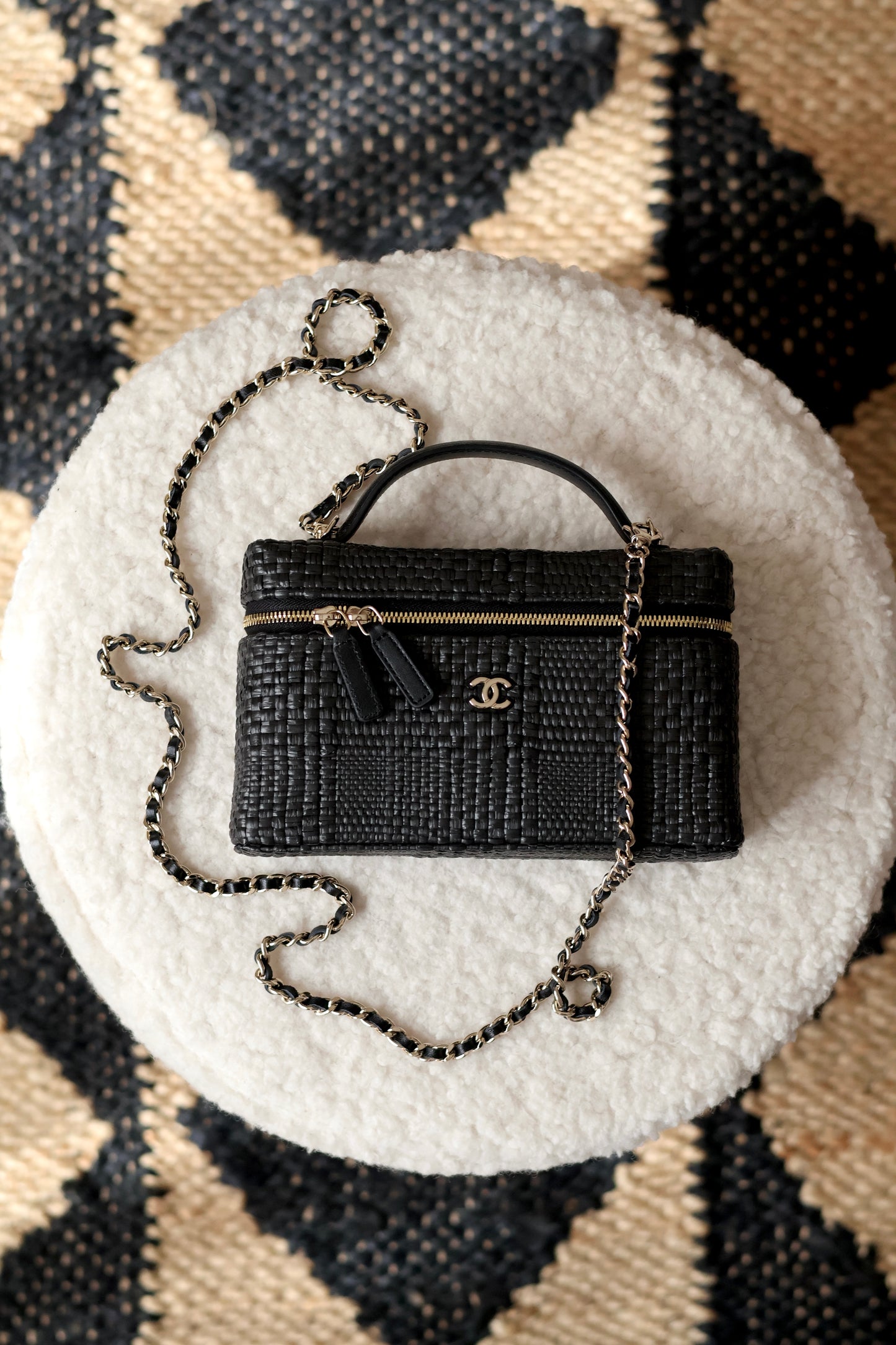 Classic Vanity With Chain Braided Raffia & Gold Tone Metal