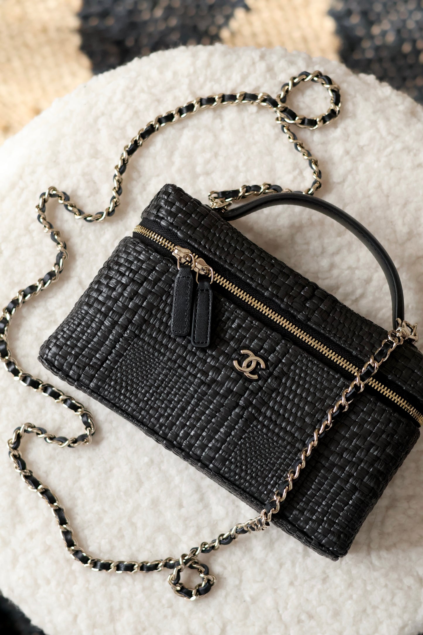 Classic Vanity With Chain Braided Raffia & Gold Tone Metal