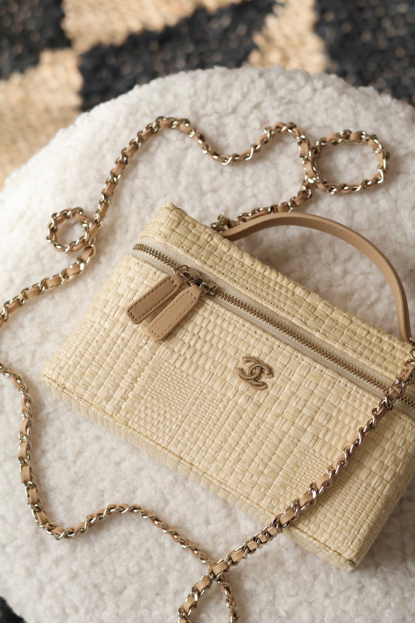 Classic Vanity With Chain Braided Raffia & Gold Tone Metal