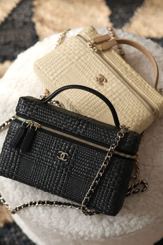 Classic Vanity With Chain Braided Raffia & Gold Tone Metal